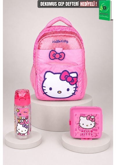 X Dekomus Lisanslı Hello Kitty Glitter Bow Collection Büyük Boy Okul Çantası,beslenme Kabı Ve Matara Seti Altın
