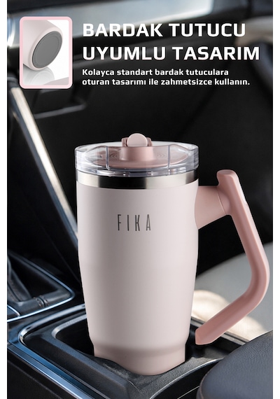 Fika Lumi Patentli Döner Kulplu Sızdırmaz Çift Ağızlıklı Çelik Termos 950 Ml Pembe