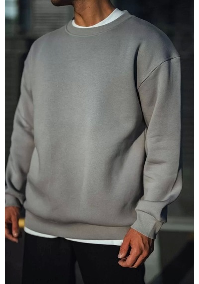Kışlık Bisiklet Yaka Üç İplik Basic Sweatshirt - Boyalı Gri Boyalı Gri