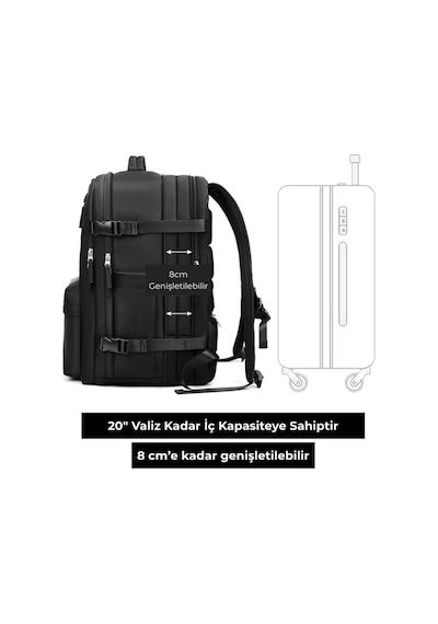 Su Geçirmez 16" İnç 39l Ayakkabı Bölmeli Seyahat Sırt Çantası - Laptop Bölmeli, Usb Şarj Girişli Siyah