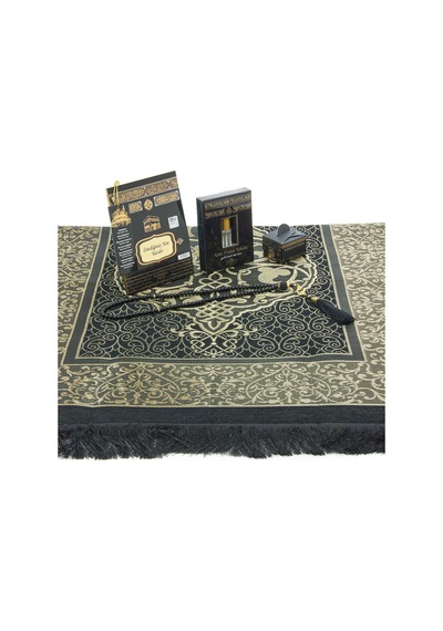 İsme Özel Kabe Desenli Çantalı İsimli Yasin Kitabı, Tesbih, Esans Ve Seccade Seti Siyah Siyah