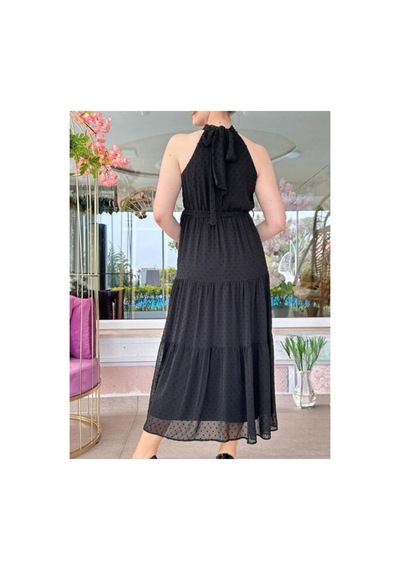 Çınar Boutique Halter Yaka Ponponlu Şifon Elbise Siyah Siyah