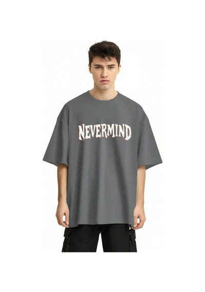 Nevermind Unisex Oversize Tişört Ön Yazı Ve Arka Şehir Manzaralı Kırık Ca Antrasit