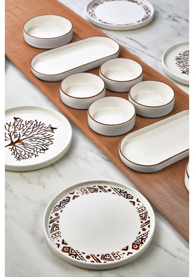 Kitchen Life 14 Parça 6 Kişilik Hayat Ağacı Stackable Kahvaltı Takımı -  Kahvaltılık Sunum Tabağı Beyaz - Altın
