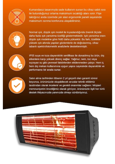 Supra 1500 Watt Gss15 Kumandasız Suya Dayanıklı Elektrikli İnfrared Isıtıcı-siyah