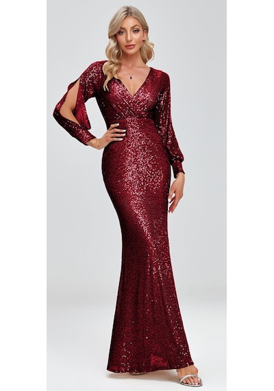Hanife Glam Couture Hanife Glam Uzun Kollu Kruvaze Yaka Pullu Abiye Elbise Bordo