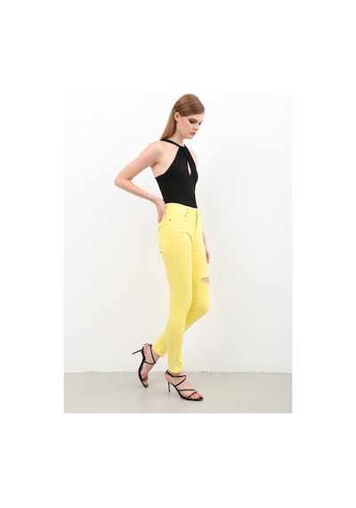 Kadın Yırtık Detaylı Jean Pantolon Sarı 001
