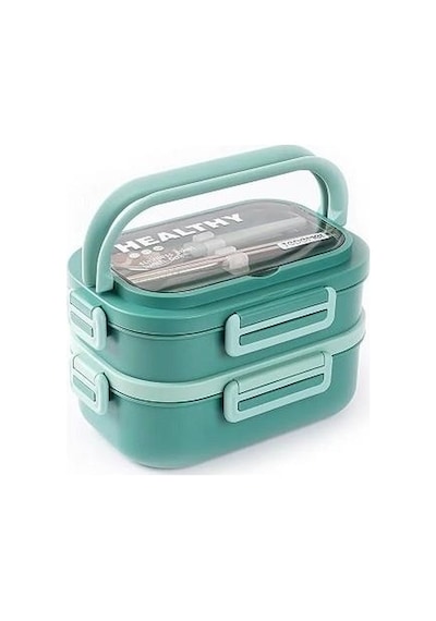 Tantitoni Yeşil Paslanmaz Dikdörtgen 2 Katlı Chopstıck Ve Kaşıklı Yemek Taşıma Kabı 1.65l