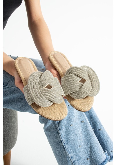 Dabab Shoes Lumıry Hasır Kadın Taşlı Düğümlü Bantlı Düz Işıltılı Terlik Kahverengi