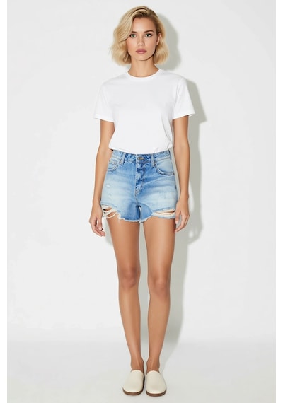 Benerly Kadın Şort Slim Kalıp Denim Yüksek Bel Yırtık Detaylı Mini Boy Ge Açık Mavi Benerly Kadın Şort Slim Kalıp Denim Yüksek Bel Yırtık Detaylı Mini Boy Ge Açık Mavi