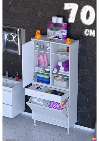 Afra 70 Cm 2 Gözlü Kirli Çamaşır Sepet, 1 Kapak Ve Çekmeceli 6 Raflı Çok Amaçlı Banyo Dolabı Beyaz Afra 70 Cm 2 Gözlü Kirli Çamaşır Sepet, 1 Kapak Ve Çekmeceli 6 Raflı Çok Amaçlı Banyo Dolabı Beyaz
