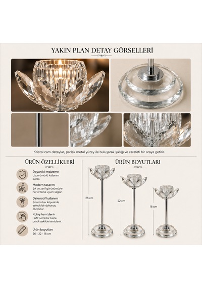 Kristal Lotus Şamdan 3'lü Gümüş Dekoratif Cam Mumluk