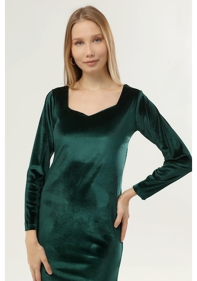 Drr Moda Beşgen Yaka Uzun Kol Kadife Elbise
