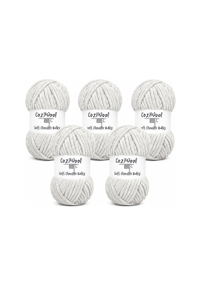 Kadife İp Soft Chenille Bulky 5'li Paket 5x100 Gr 120 Mt El Örgü İpi Açık Gri - 875823131