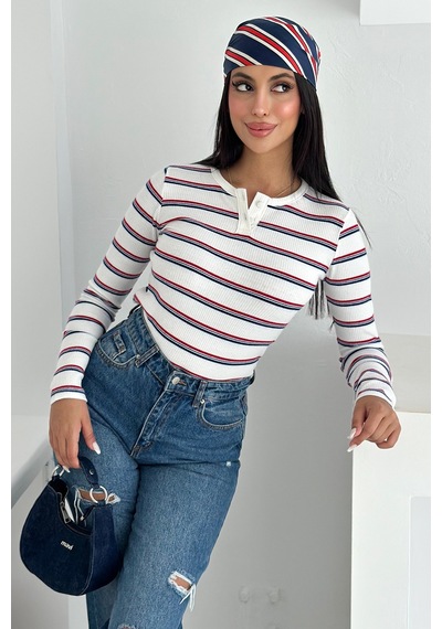 Noa & Noa Kadın Çizgili Düğme Detaylı Bluz Retro Stripe Beyaz