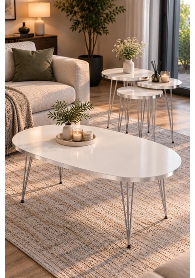Sulorahome Gümüş Tel Ayaklı Beyaz 4'lü Sehpa Seti