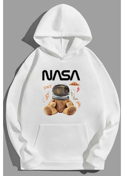 Uyguntarz Unisex Nasa Bear Baskılı Sweatshirt beyaz