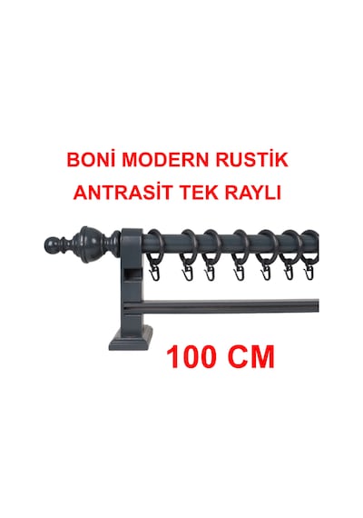 Boni Modern Rustik Ahşap Rustik Perde Askısı Tek Raylı-antrasit 100 Cm Antrasit