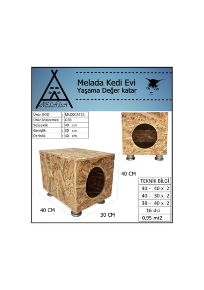 Melada Kedi Evi Dış Ortam Uygun Ahşap Kedi Evi Osb Plastik Ayak 40x40x30 Cm