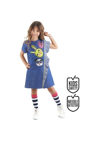 Denokids Üç Arkadaş Dokuma Kız Çocuk Mavi Yazlık Elbise