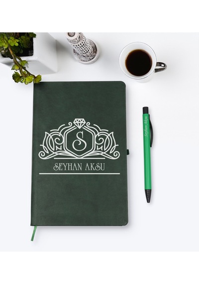 Kişiye Özel İsimli Yeşil Termo Deri Defter Kalem Seti Model 13