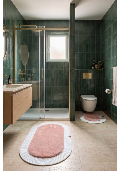 Banyo Paspası Takımı 60x100+40x60 Cm Düz Pembe & Gümüş