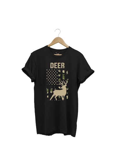 Avcılık Hunter Geyik Avcılığı Deer Hunt Baskılı Kamuflaj Desenli Regular Fit Siyah T-shirt Siyah