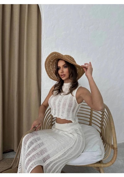 Ecenin Favorileri Triko Crop Etek Takım Ekru
