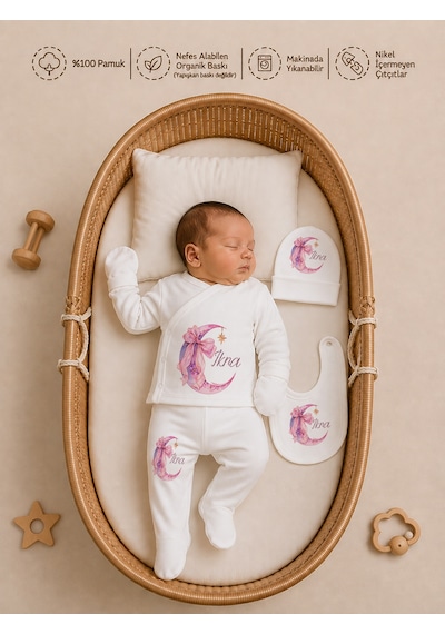 Pia Baby Kız Bebek 4 Parça Tulum Seti %100 Pamuk İsim Baskılı Kişiye Özel Hastane Çıkışı Battaniyeli 1068bt3x Ekru