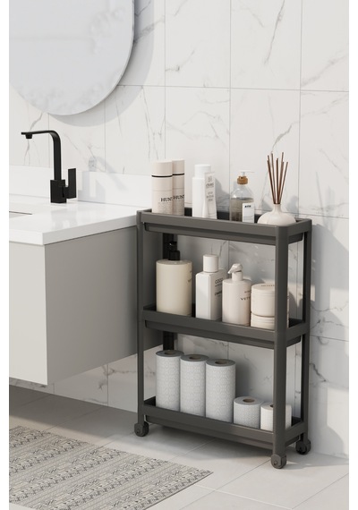 Mithra Life 3 Katlı Tekerlekli Slim İnce Siyah Banyo Mutfak Rafı Mıt1126 Siyah
