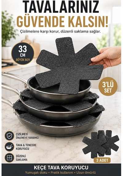 3'lü Antrasit Tava Çizdirmez Keçe Koruyucu 33 Cm Tava Tencere Ayırıcı Çizik Önleyici Organizer Set