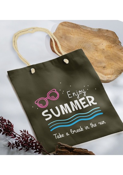 Bk Gift Yaz Temalı Haki Halat Saplı Kumaş Plaj Çantası -8, Baskılı Omuz Çantası, Alışveriş Çantası, Arkadaşa Hediye, Sevgiliye Hediye Gri
