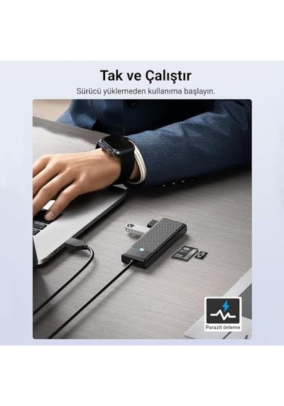 To 3.0 Tf Sd Kart Okuyucu 3 Portlu Usb 3.0 Çoklayıcı Siyah
