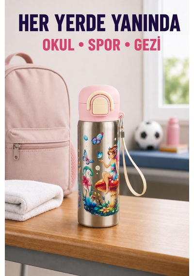 Siply Desenli Paslanmaz Çelik Okul Matarası 600ml Pembe Toz pembe