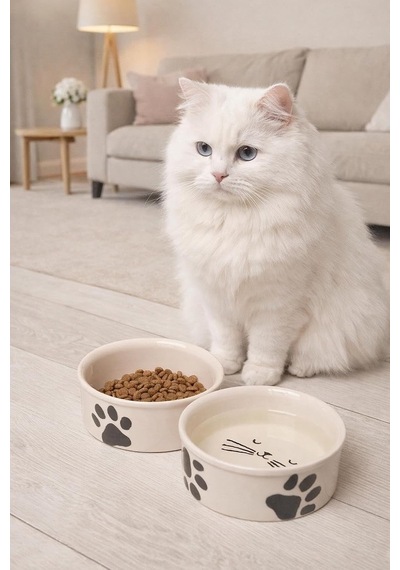2 Li Seramik Kedi Mama Ve Su Kabı 300ml