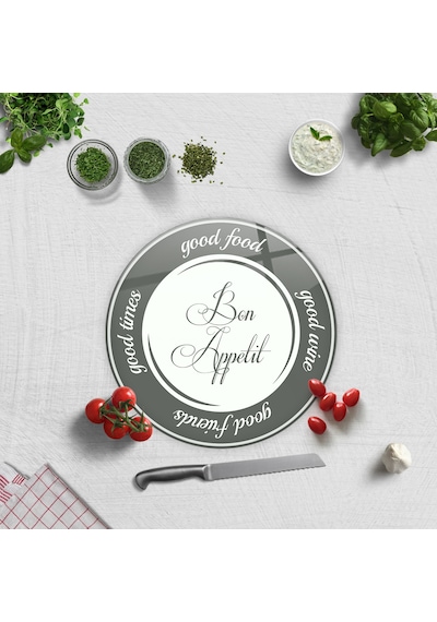 Cam Kesme Tahtası | Good Food - Beyaz Fon | Çap32cm
