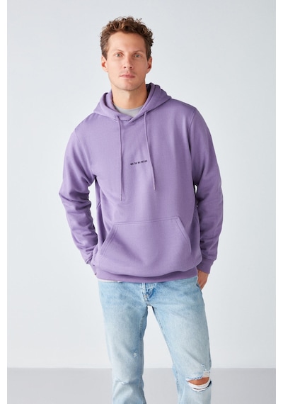 Grımelange Epıc Erkek Yumusaçık Kumaşlı Kapüşonlu Kordonlu Regular Fit Nakışlı Mor Sweatshirt