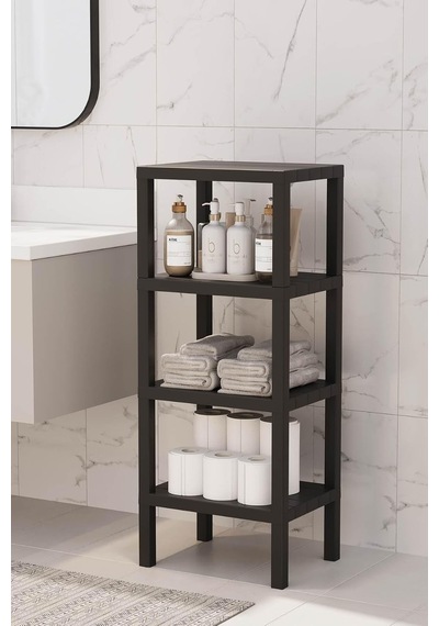4 Katlı Siyah Çok Amaçlı Banyo, Balkon Düzenleyici Raf Ünitesi, 100x38x29 Cm Mtfks-om-2115-4lu