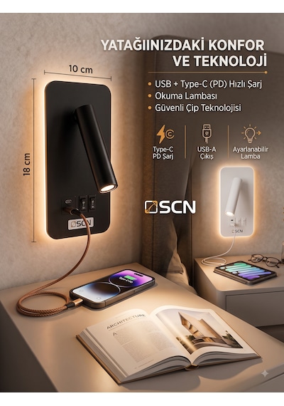 Yatak Başı Aplik Type-c Usb Hızlı Şarjlı Gün Işığı