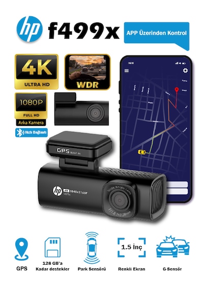 Hp F499x 4k Wdr, Araçiçi Ön + Arka Kamera, 1.5 Inch Renkli Lcd Ekran, Gps Li, Wi-fi Destekli