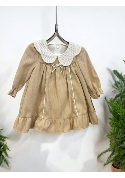 Cantoy Kız Bebek Bebe Yaka Fitilli Kadife Elbise-15068 Camel