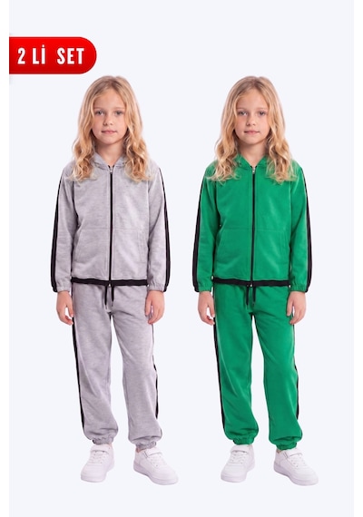 Fyk Kids Kız Çocuk 2'li Şerit Detaylı Kapüşonlu Fermuarlı Eşofman Takımı Seti Gri-yeşil Fyk Kids Kız Çocuk 2'li Şerit Detaylı Kapüşonlu Fermuarlı Eşofman Takımı Seti Gri-yeşil