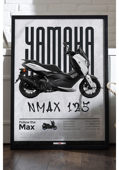 Yamaha Nmax 125 Siyah Ahşap Çerçeveli Poster, Dekoratif Motosiklet Duvar Tablosu