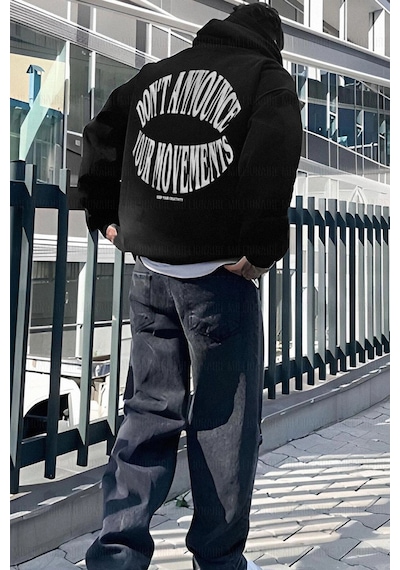 Tarzsokak Erkek Siyah Dont Announce Kapüşonlu Oversize 3 İplik Şardonlu Salaş Bol Kesim Hoo