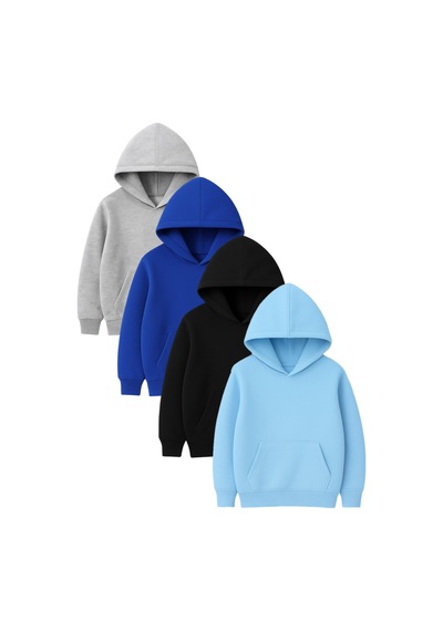 4'lü Kapüşonlu Basic Sweatshirt Seti - Düz Kışlık Şardonlu Kumaş Gri Saks Mavi Siyah Bebe Mavi