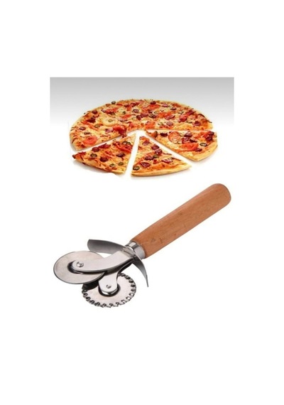 Mybru Paslanmaz Çelik Çift Başlı Ahşap Saplı Pizza Ve Hamur Kesici