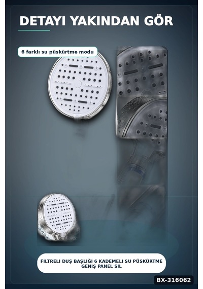Filtreli Duş Başlığı 6 Kademeli Su Püskürtme Geniş Panel Silikon Nozullu Beyaz Bx-316062 Diğer
