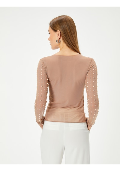 Koton Abiye Buluz Taşlı İnci Detaylı Uzun Kollu Bisiklet Yaka Slim Fit Bej 4sak60032fk