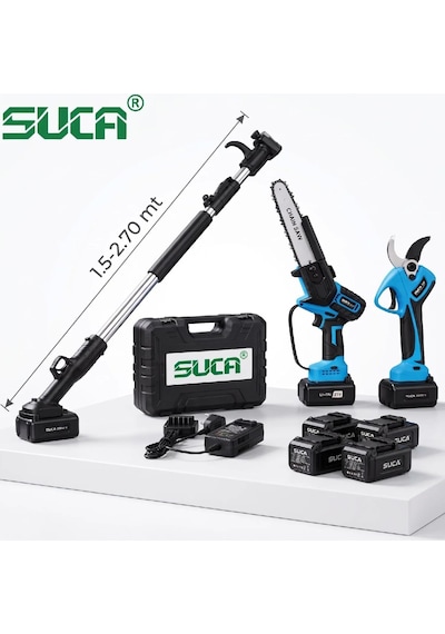 Suca Sc 8640a - Sc 5808 Teleskopik Uzatmalı Akülü Budama Makası Ve Testere 4 Batarya 21v