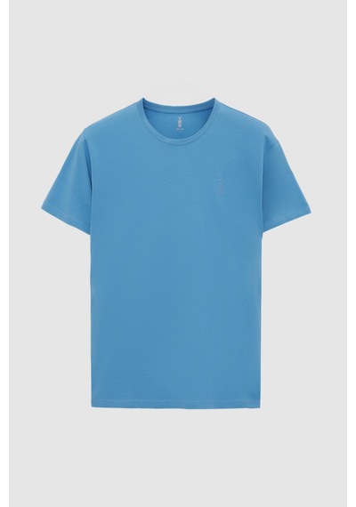 Twn Slim Fit İndigo Düz Kabartma Baskılı T-shirt 4ec148551753m 771